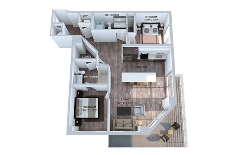 Floor plan for 2 beds, 2 baths, 1130 sqft